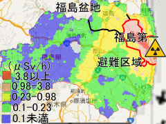 事故から４年８ヶ月過ぎても広い範囲で除染が必要な福島のモモの主産地・福島盆地